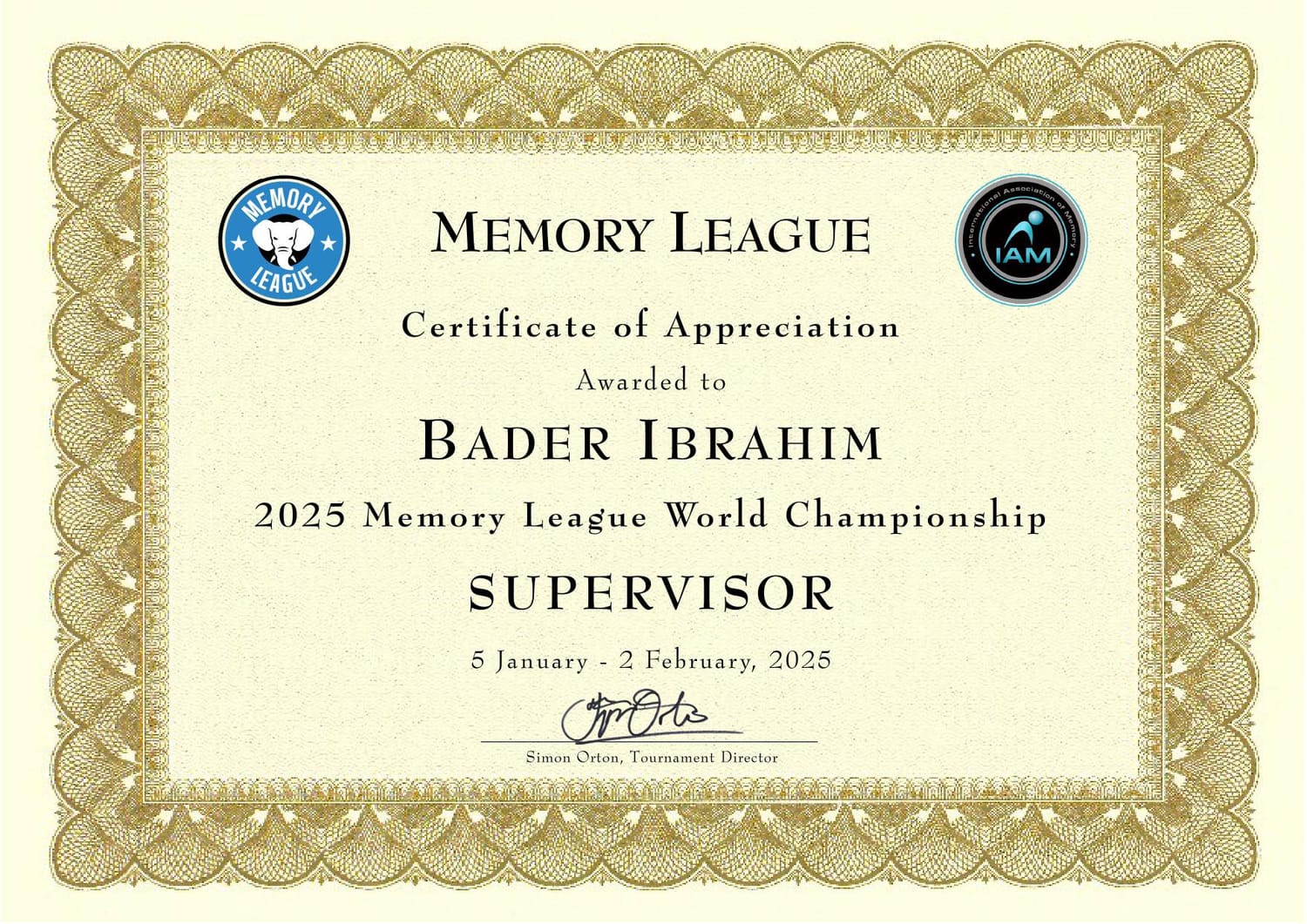 شهادة World Championship Supervisor - شهادة تقدير كمشرف في 2025 Memory League World Championship
